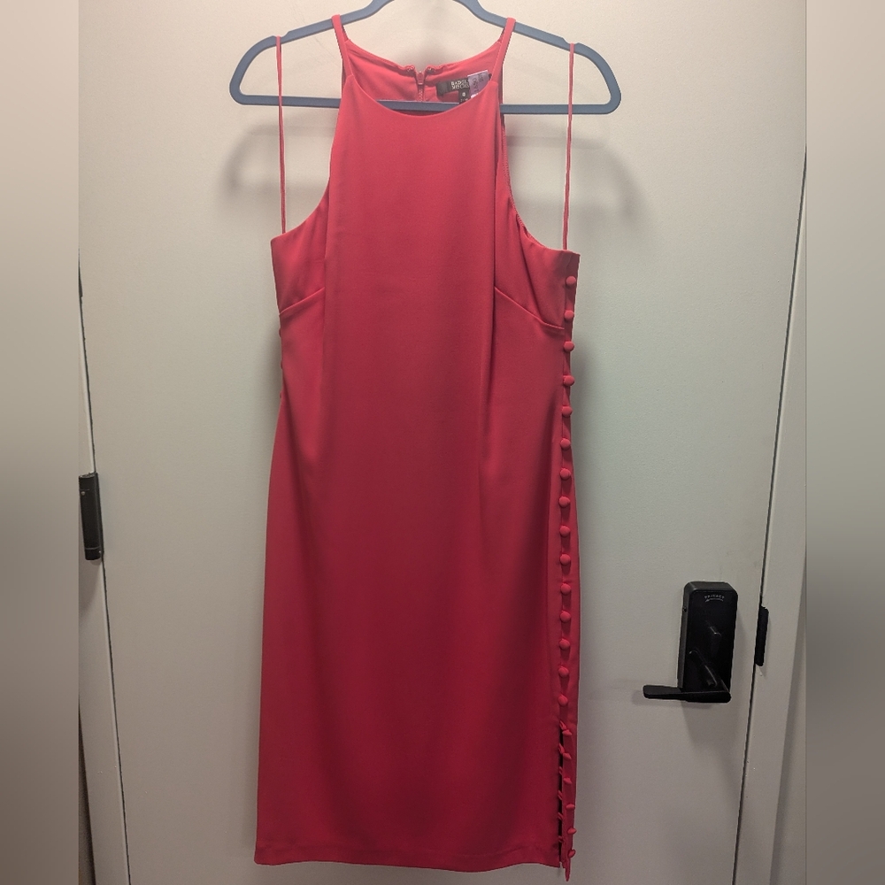 Badgley Mischka Watermelon Pink Midi Cocktail Dress w Side Button Detail Size 8